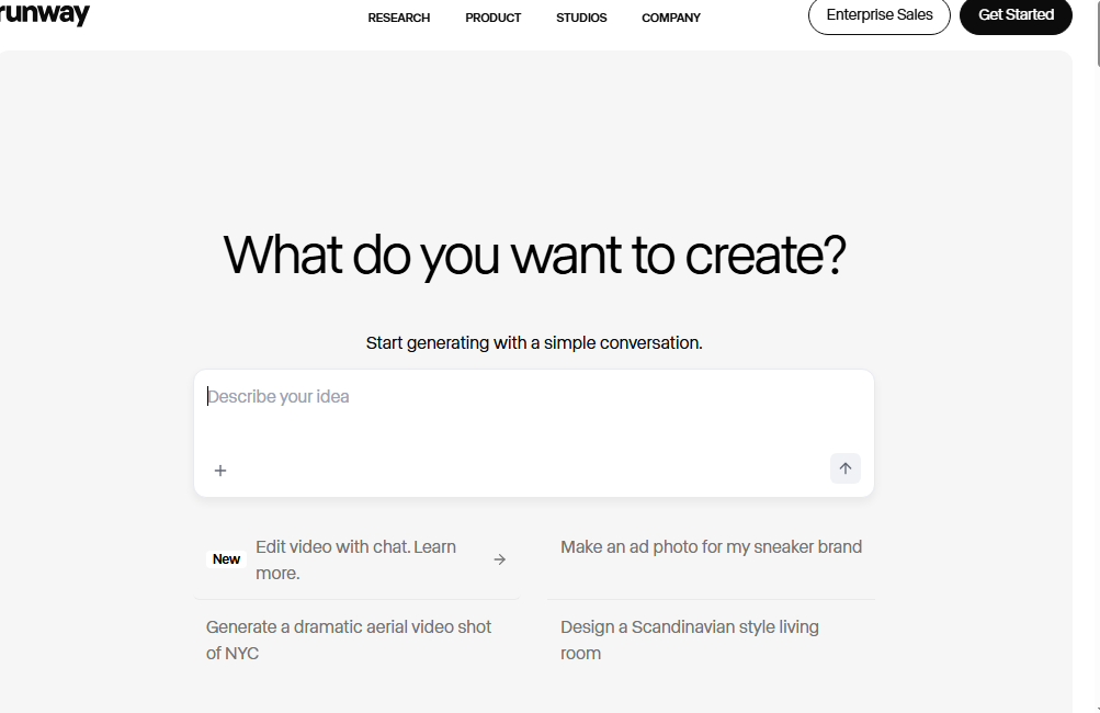A view of Runway homepage,1 of the 7 free AI tools to try in 2025