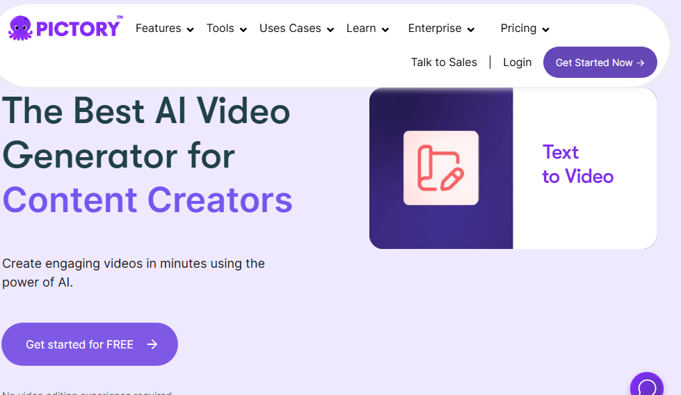 A view of pictory home page,1 of the 7 free AI tools to try in 2025.