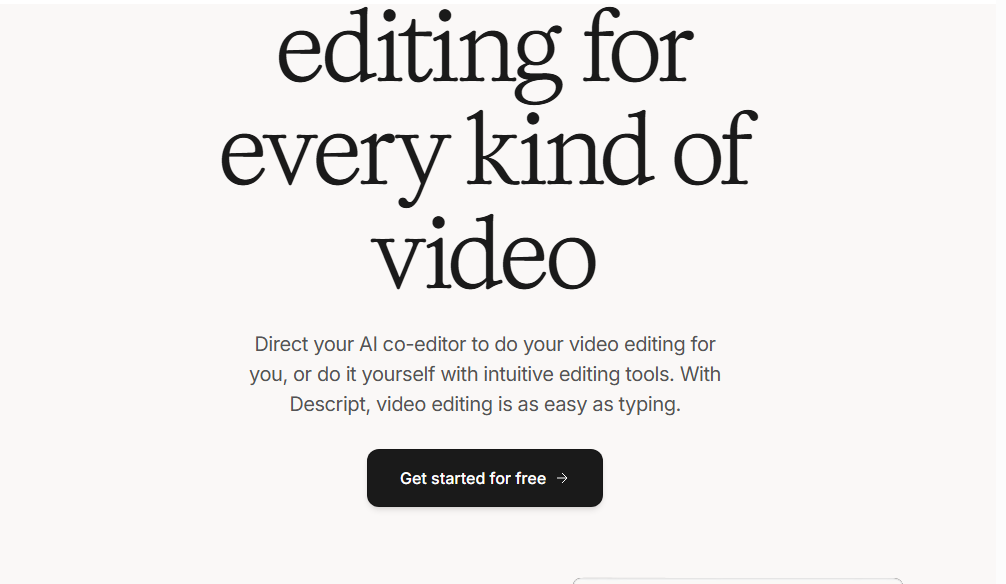A  view of descript home page,1 of the 7 free AI tools to try in 2025.