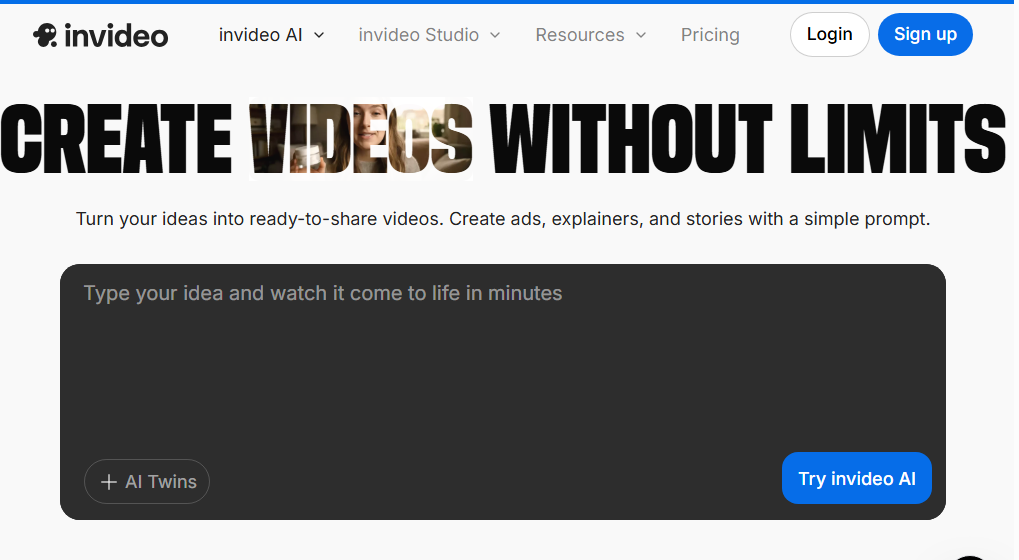 A view of the home page of invideo,1 of the 7 free AI video editing tool.